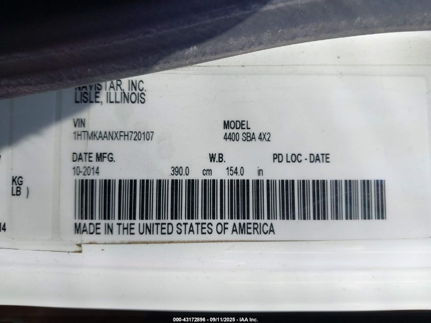 2015 International 4000 4400 VIN: 1HTMKAANXFH720107 Lot: 43172896