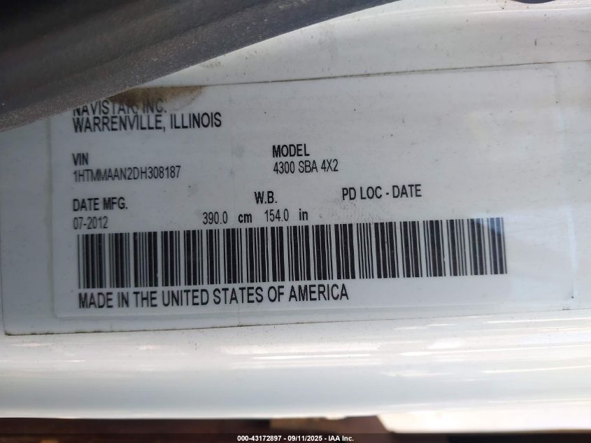 2013 International 4000 4300 VIN: 1HTMMAAN2DH308187 Lot: 43172897