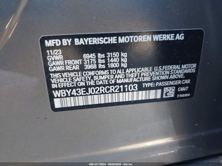2024 BMW I7 Edrive50 VIN: WBY43EJ02RCR21103 Lot: 43172924