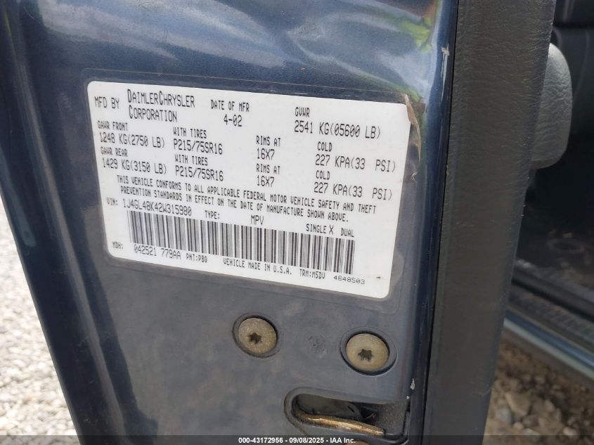 2002 Jeep Liberty Sport VIN: 1J4GL48K42W315980 Lot: 43172956