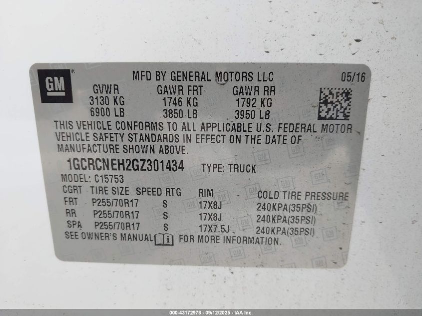 2016 Chevrolet Silverado 1500 Wt VIN: 1GCRCNEH2GZ301434 Lot: 43172978