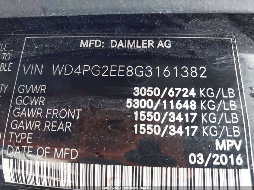 2016 Mercedes-Benz Metris VIN: WD4PG2EE8G3161382 Lot: 43172993