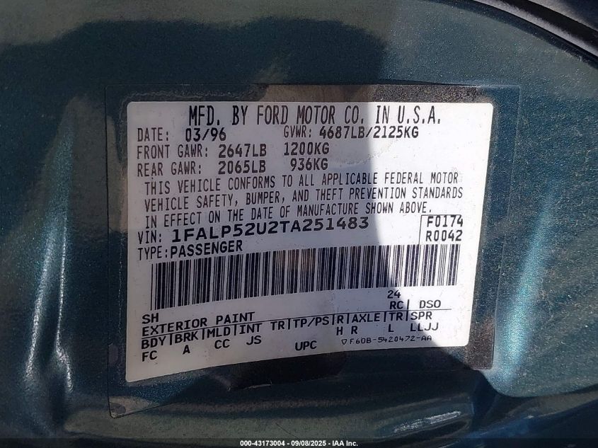 1996 Ford Taurus Gl VIN: 1FALP52U2TA251483 Lot: 43173004