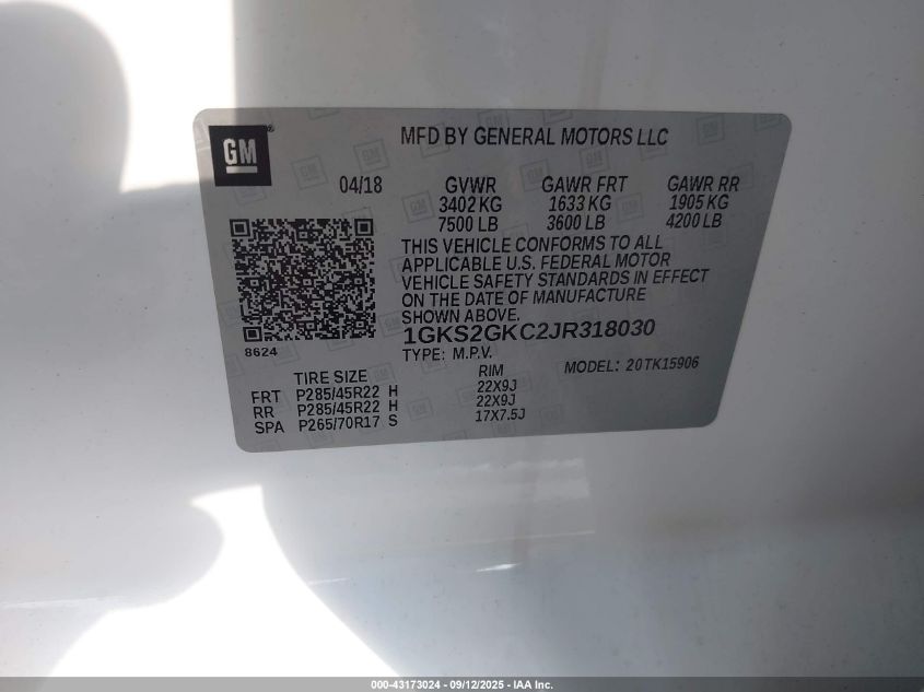 2018 GMC Yukon Xl Slt VIN: 1GKS2GKC2JR318030 Lot: 43173024
