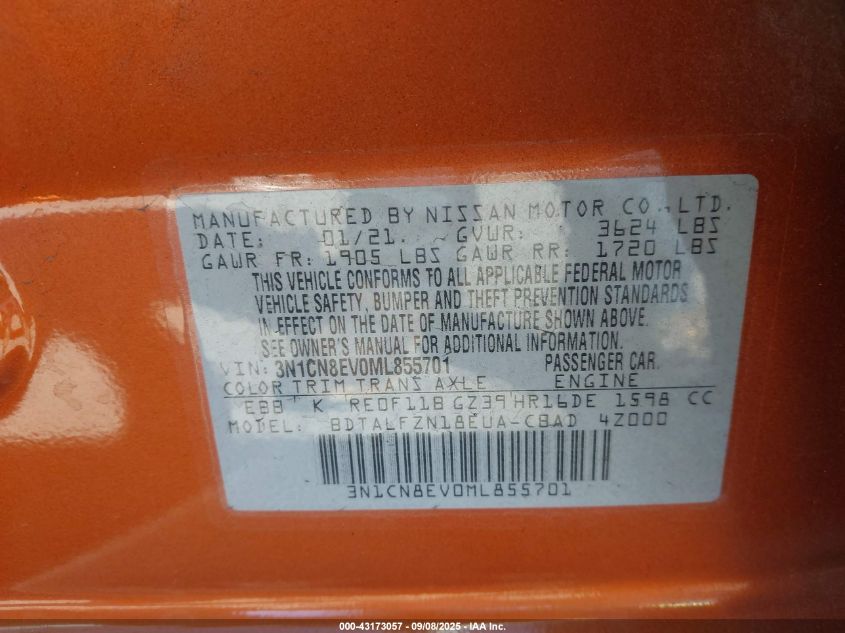 2021 Nissan Versa Sv Xtronic Cvt VIN: 3N1CN8EV0ML855701 Lot: 43173057