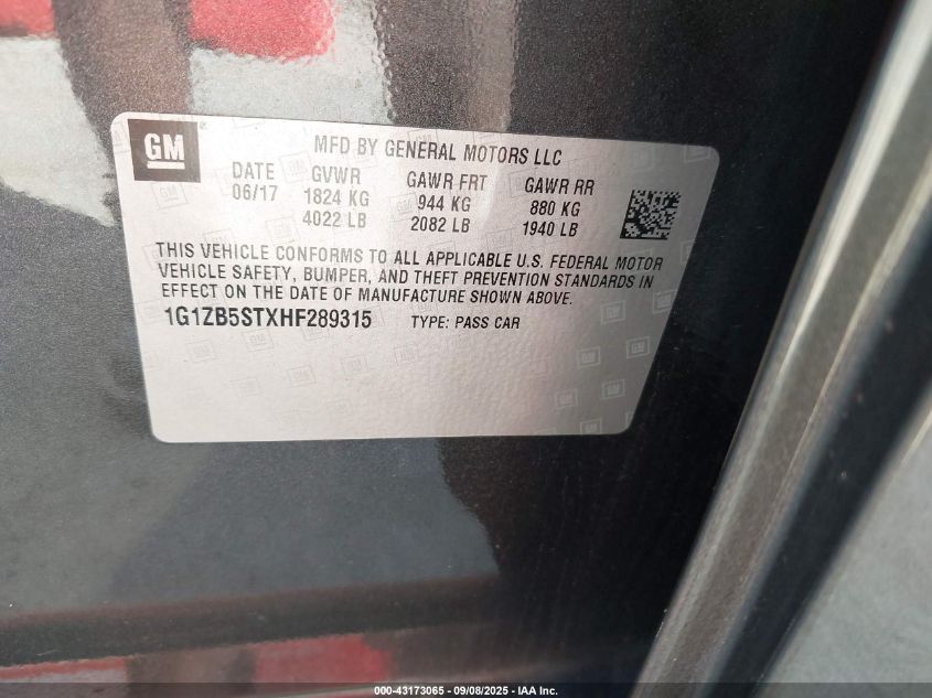 2017 Chevrolet Malibu Ls VIN: 1G1ZB5STXHF289315 Lot: 43173065