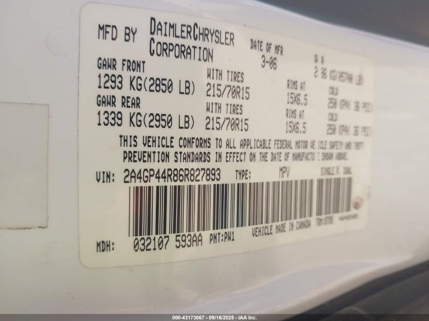 2006 Chrysler Town & Country Lx VIN: 2A4GP44R86R827893 Lot: 43173067