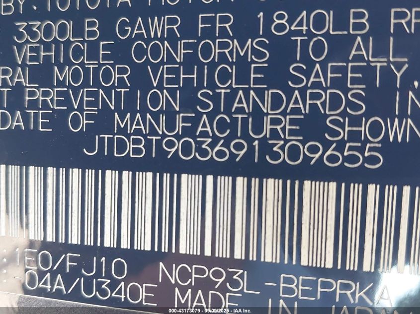 2009 Toyota Yaris VIN: JTDBT903691309655 Lot: 43173079