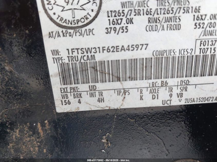 2002 Ford F350 Srw Super Duty VIN: 1FTSW31F62EA45977 Lot: 43173082