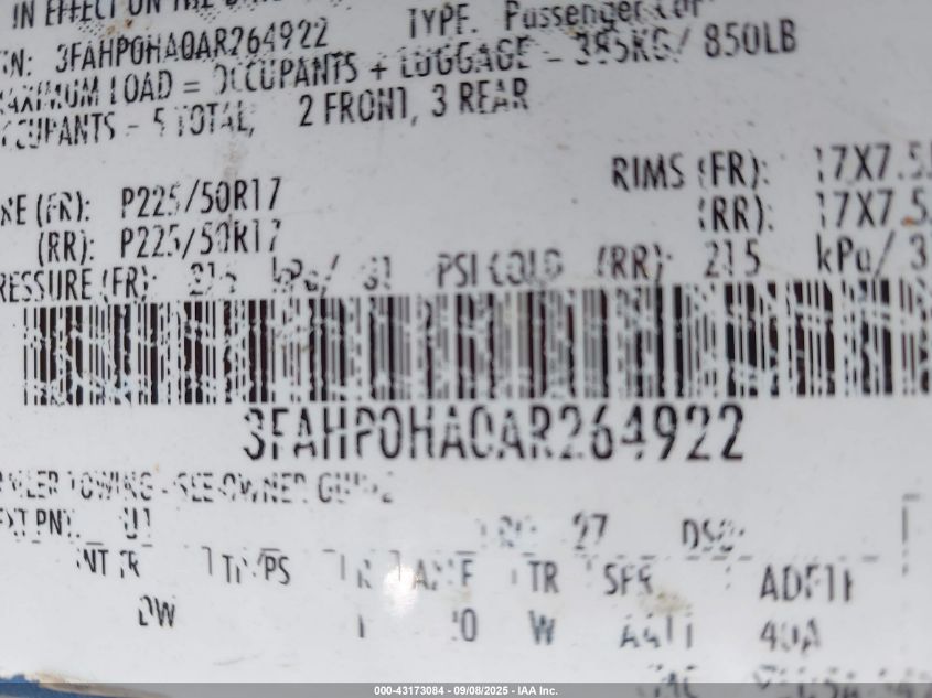 2010 Ford Fusion Se VIN: 3FAHP0HA0AR264922 Lot: 43173084