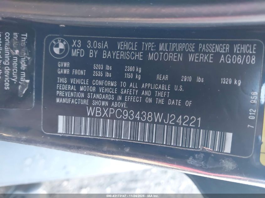 2008 BMW X3 3.0Si VIN: WBXPC93438WJ24221 Lot: 43173147