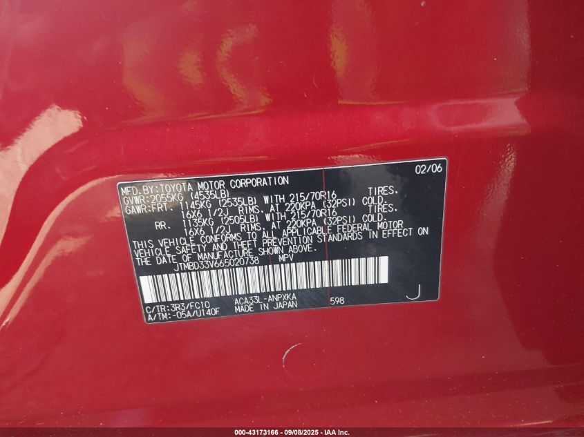 2006 Toyota Rav4 VIN: JTMBD33V665020738 Lot: 43173166