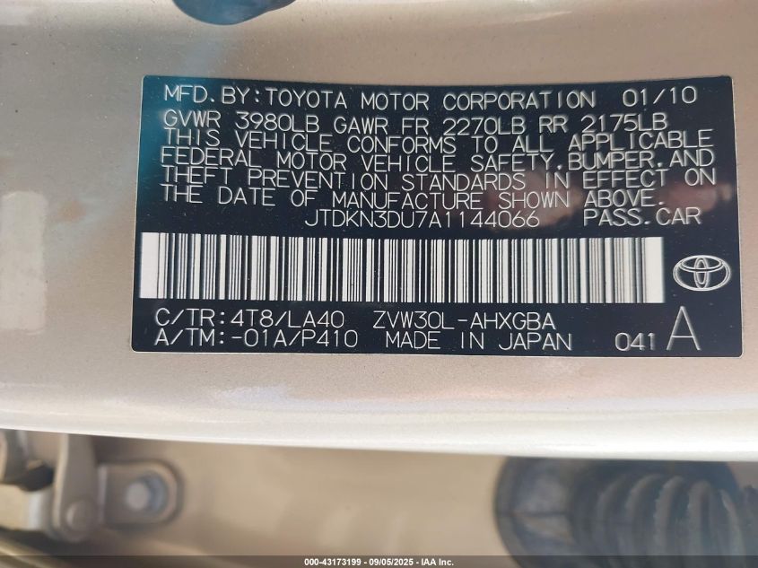 2010 Toyota Prius Iv VIN: JTDKN3DU7A1144066 Lot: 43173199