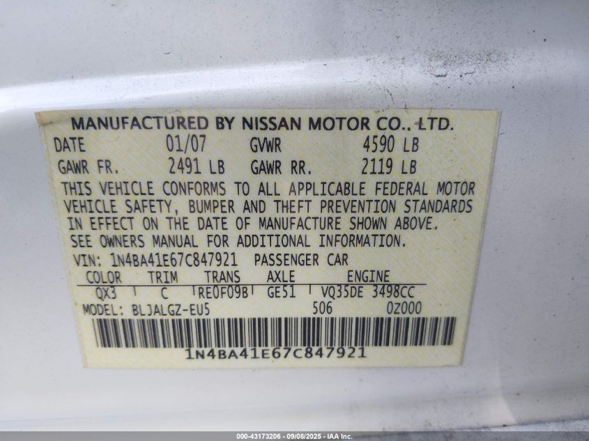 2007 Nissan Maxima 3.5 Sl VIN: 1N4BA41E67C847921 Lot: 43173206