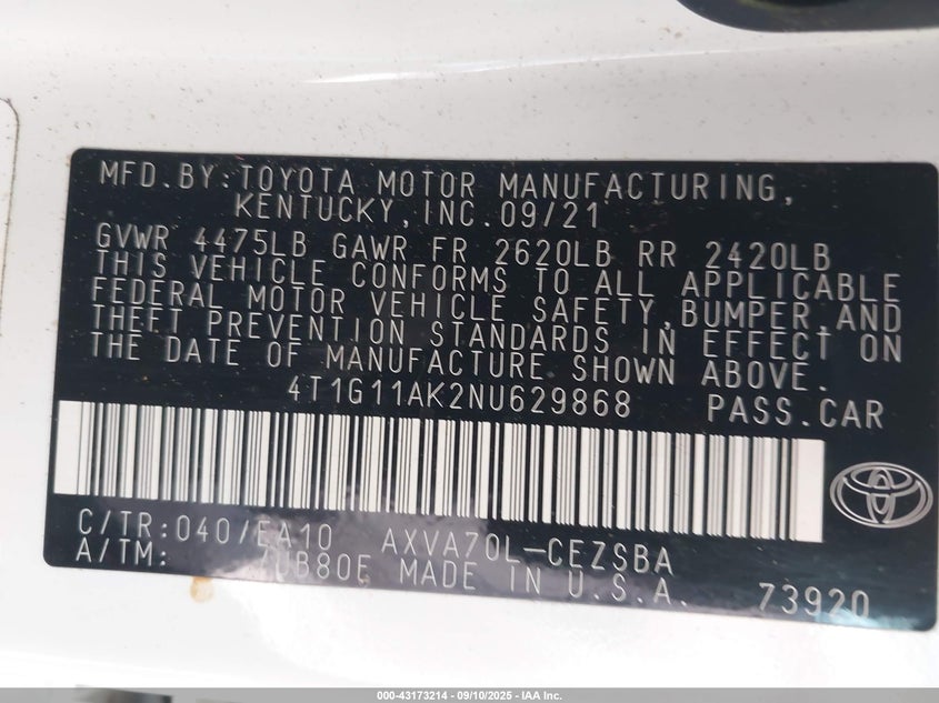 2022 TOYOTA CAMRY SE - 4T1G11AK2NU629868