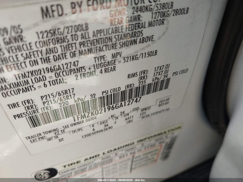 2006 Ford Freestyle Sel VIN: 1FMZK02196GA12747 Lot: 43173223