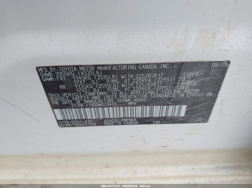 2009 Toyota Rav4 Limited VIN: 2T3BF31V09W023404 Lot: 43173241