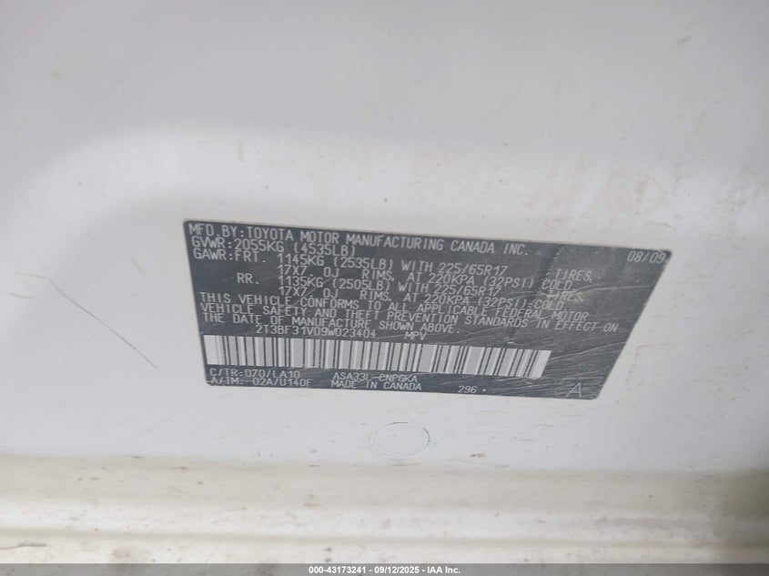 2009 Toyota Rav4 Limited VIN: 2T3BF31V09W023404 Lot: 43173241
