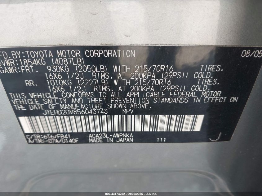 2005 Toyota Rav4 VIN: JTEHD20V856043743 Lot: 43173262