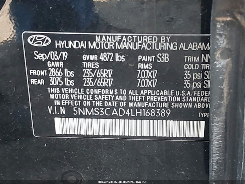 2020 HYUNDAI SANTA FE SEL - 5NMS3CAD4LH168389