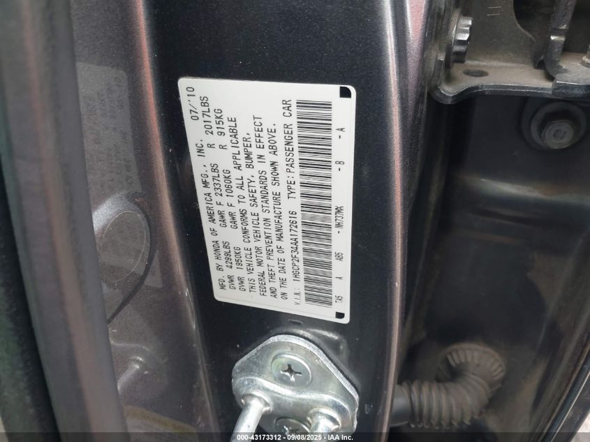 2010 Honda Accord 2.4 Lx VIN: 1HGCP2F34AA172616 Lot: 43173312