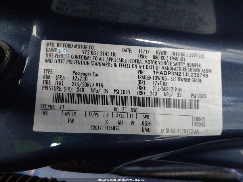 2018 Ford Focus Titanium VIN: 1FADP3N21JL230788 Lot: 43173378