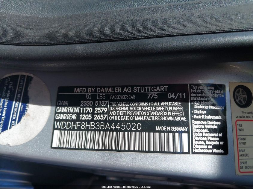 2011 Mercedes-Benz E 350 4Matic VIN: WDDHF8HB3BA445020 Lot: 43173383