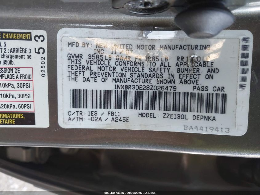 2008 Toyota Corolla Le VIN: 1NXBR30E28Z026479 Lot: 43173386