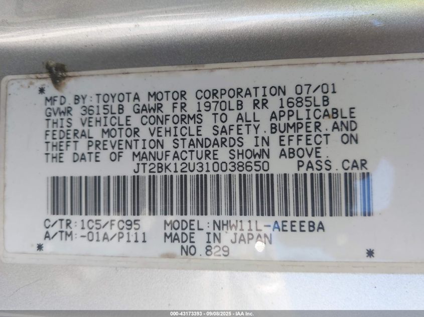 2001 Toyota Prius VIN: JT2BK12U310038650 Lot: 43173393