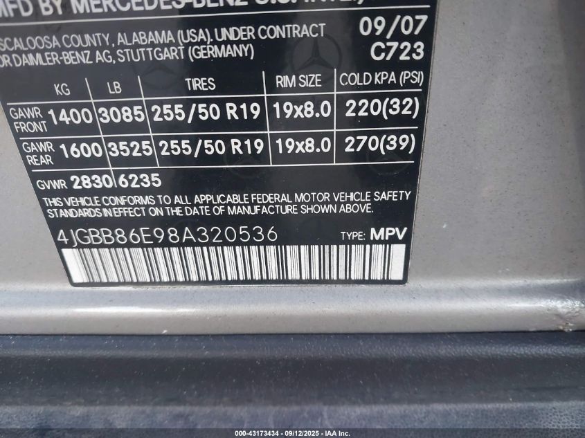 2008 Mercedes-Benz Ml 350 4Matic VIN: 4JGBB86E98A320536 Lot: 43173434