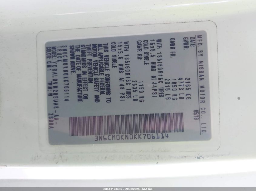 2019 Nissan Nv200 S VIN: 3N6CM0KN0KK706114 Lot: 43173435