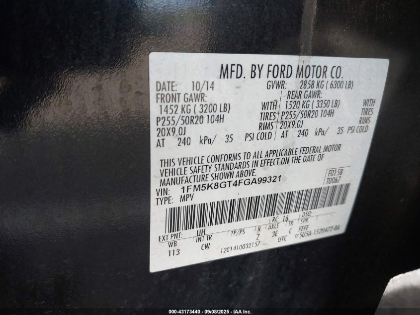 2015 Ford Explorer Sport VIN: 1FM5K8GT4FGA99321 Lot: 43173440