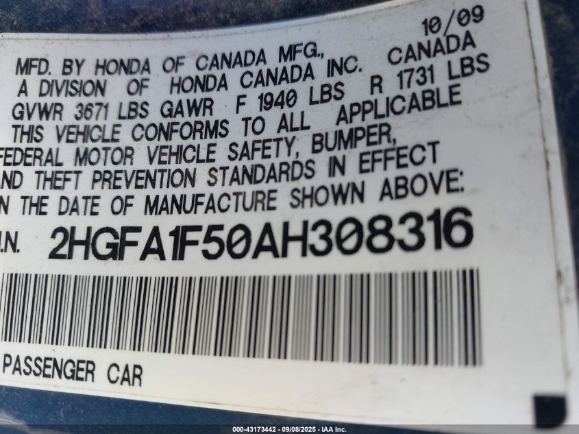 2010 Honda Civic Lx VIN: 2HGFA1F50AH308316 Lot: 43173442