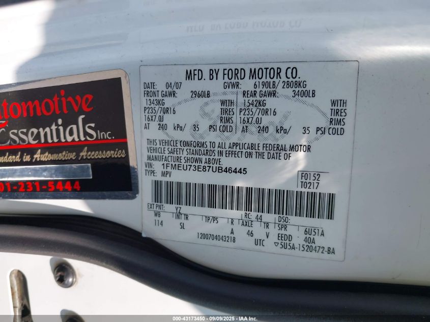 2007 Ford Explorer Xlt VIN: 1FMEU73E87UB46445 Lot: 43173450