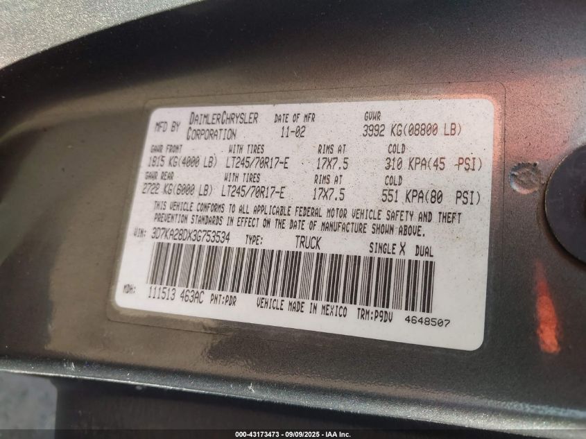 2003 Dodge Ram 2500 Slt/Laramie/St VIN: 3D7KA28DX3G753534 Lot: 43173473