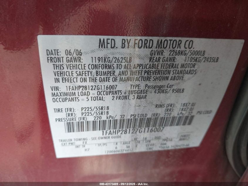 2007 Ford Five Hundred Limited VIN: 1FAHP28127G116007 Lot: 43173489