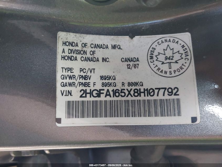 2008 Honda Civic Lx VIN: 2HGFA165X8H107792 Lot: 43173497