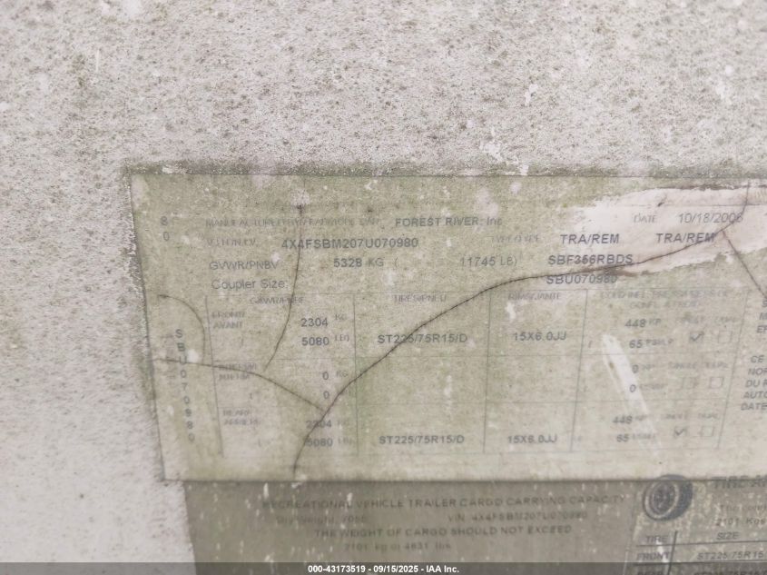 2007 Salem Camper VIN: 4X4FSBM207U070980 Lot: 43173519