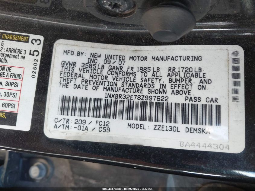 2008 Toyota Corolla S VIN: 1NXBR32E78Z997622 Lot: 43173530