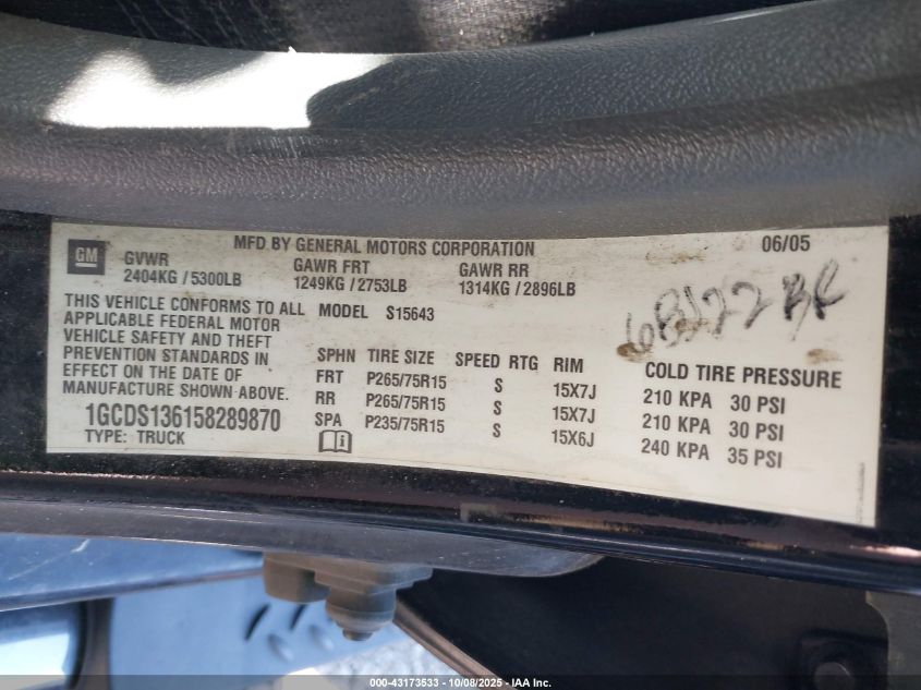 2005 Chevrolet Colorado Ls VIN: 1GCDS136158289870 Lot: 43173533