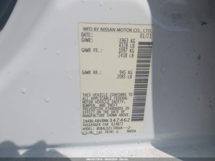 2021 Nissan Altima S Fwd VIN: 1N4BL4BV8MN347462 Lot: 43173618