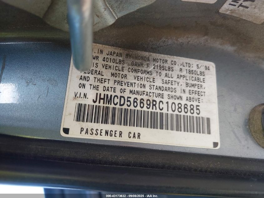 1994 Honda Accord Ex VIN: JHMCD5669RC108685 Lot: 43173632