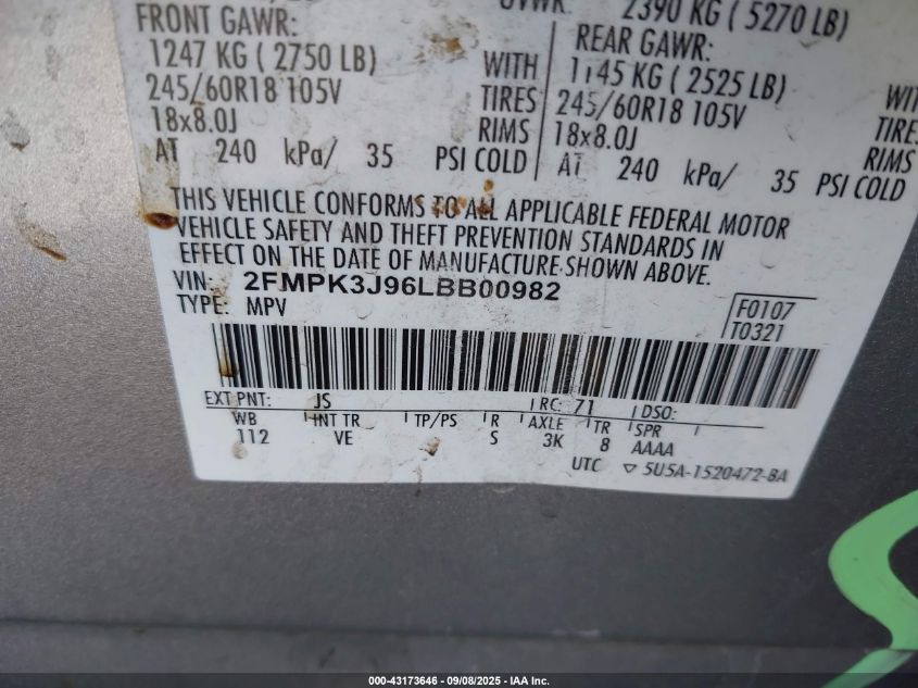 2020 Ford Edge Sel VIN: 2FMPK3J96LBB00982 Lot: 43173646