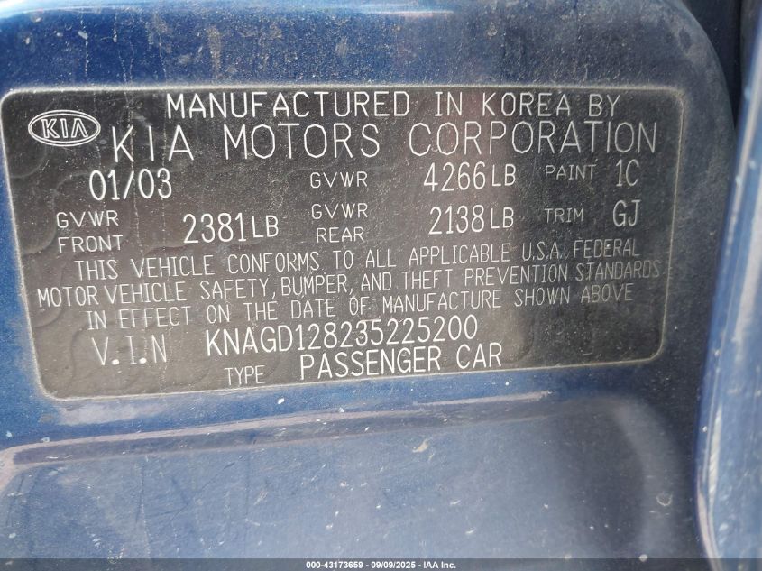 2003 Kia Optima Lx V6/Se V6 VIN: KNAGD128235225200 Lot: 43173659