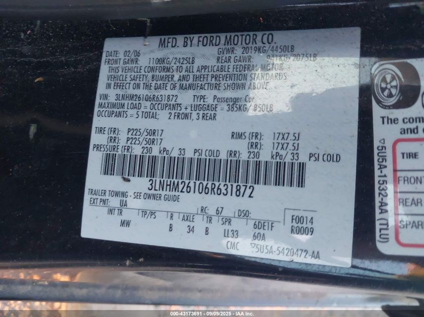 2006 Lincoln Zephyr VIN: 3LNHM26106R631872 Lot: 43173691