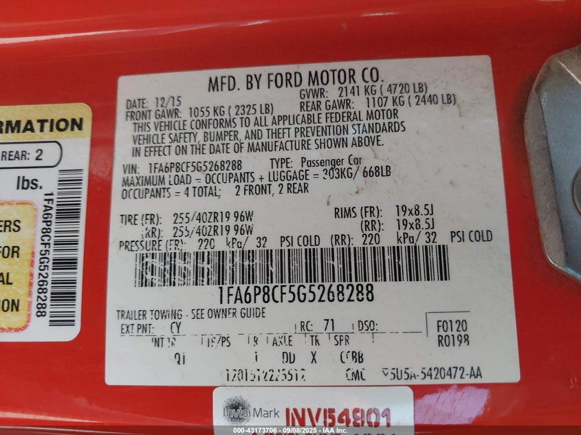 2016 FORD MUSTANG GT - 1FA6P8CF5G5268288