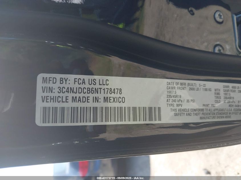 2022 Jeep Compass High Altitude 4X4 VIN: 3C4NJDCB6NT178478 Lot: 43173719