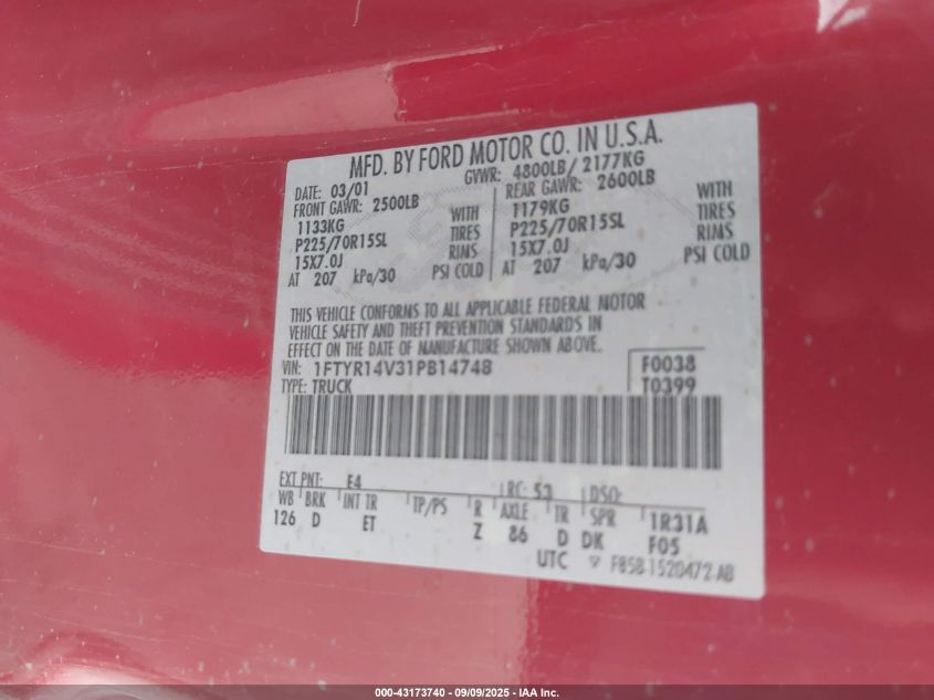 2001 Ford Ranger Edge/Xl/Xlt VIN: 1FTYR14V31PB14748 Lot: 43173740