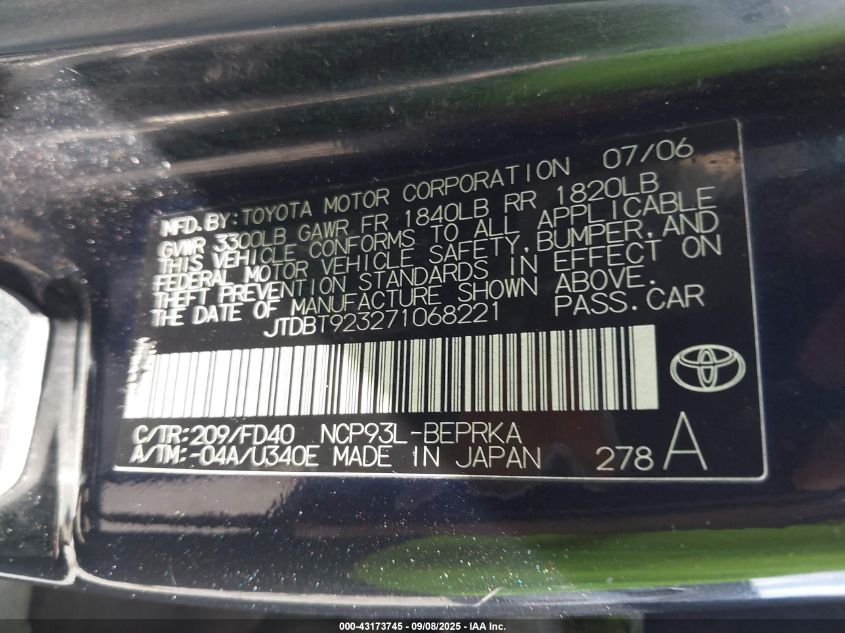 2007 Toyota Yaris VIN: JTDBT923271068221 Lot: 43173745