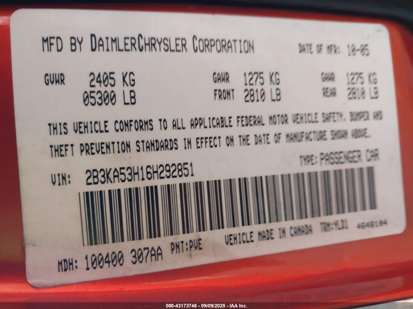 2006 Dodge Charger Rt VIN: 2B3KA53H16H292851 Lot: 43173746